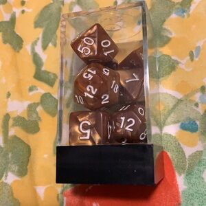 Brown Swirl/White Polyhedral 7 Dice Set for Tabletop Games